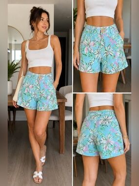 Lilly Pulitzer High-Waist Floral Shorts in Aqua, Pink & Green